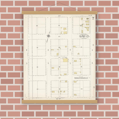 Old map wall art mockup — magnetic wood frame on brick wall — Sanborn Fire Insurance Map from National City, San Diego County, California (1911), Sheet #0007