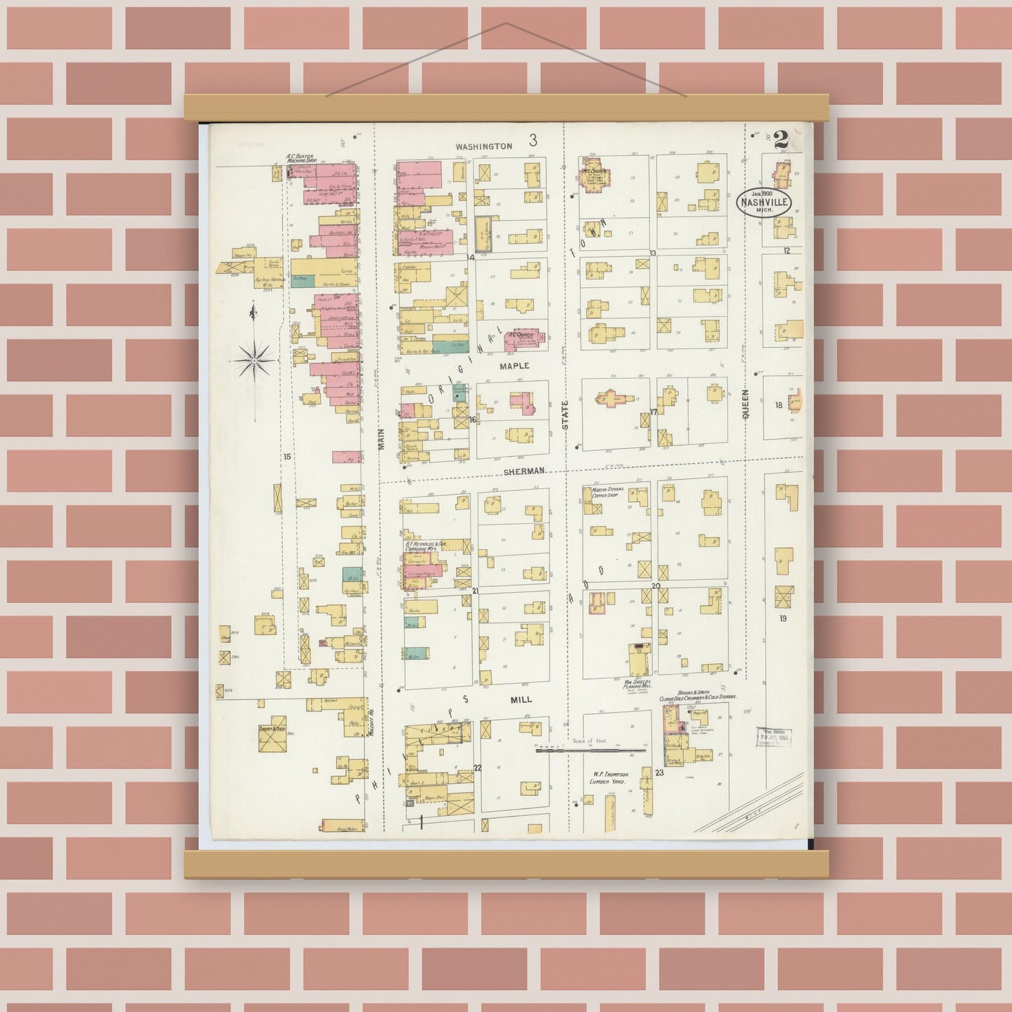 Old map wall art mockup — magnetic wood frame on brick wall — Sanborn Fire Insurance Map from Nashville, Barry County, Michigan (1900), Sheet #0002