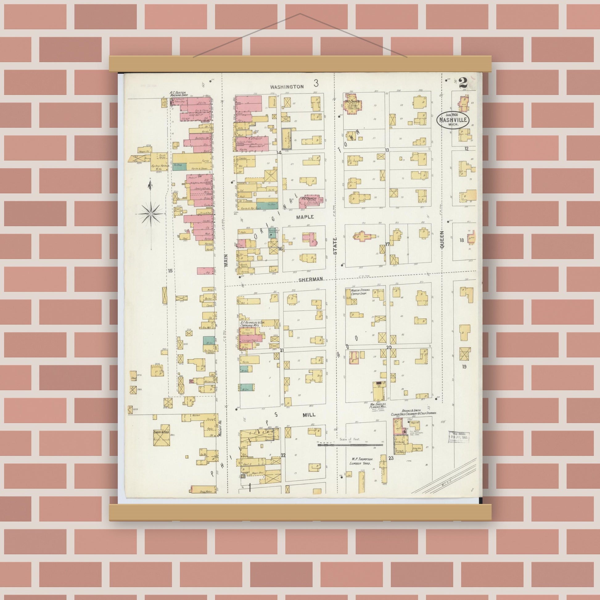 Old map wall art mockup — magnetic wood frame on brick wall — Sanborn Fire Insurance Map from Nashville, Barry County, Michigan (1900), Sheet #0002