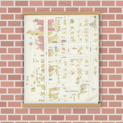 Old map wall art mockup — magnetic wood frame on brick wall — Sanborn Fire Insurance Map from Nashville, Barry County, Michigan (1900), Sheet #0002