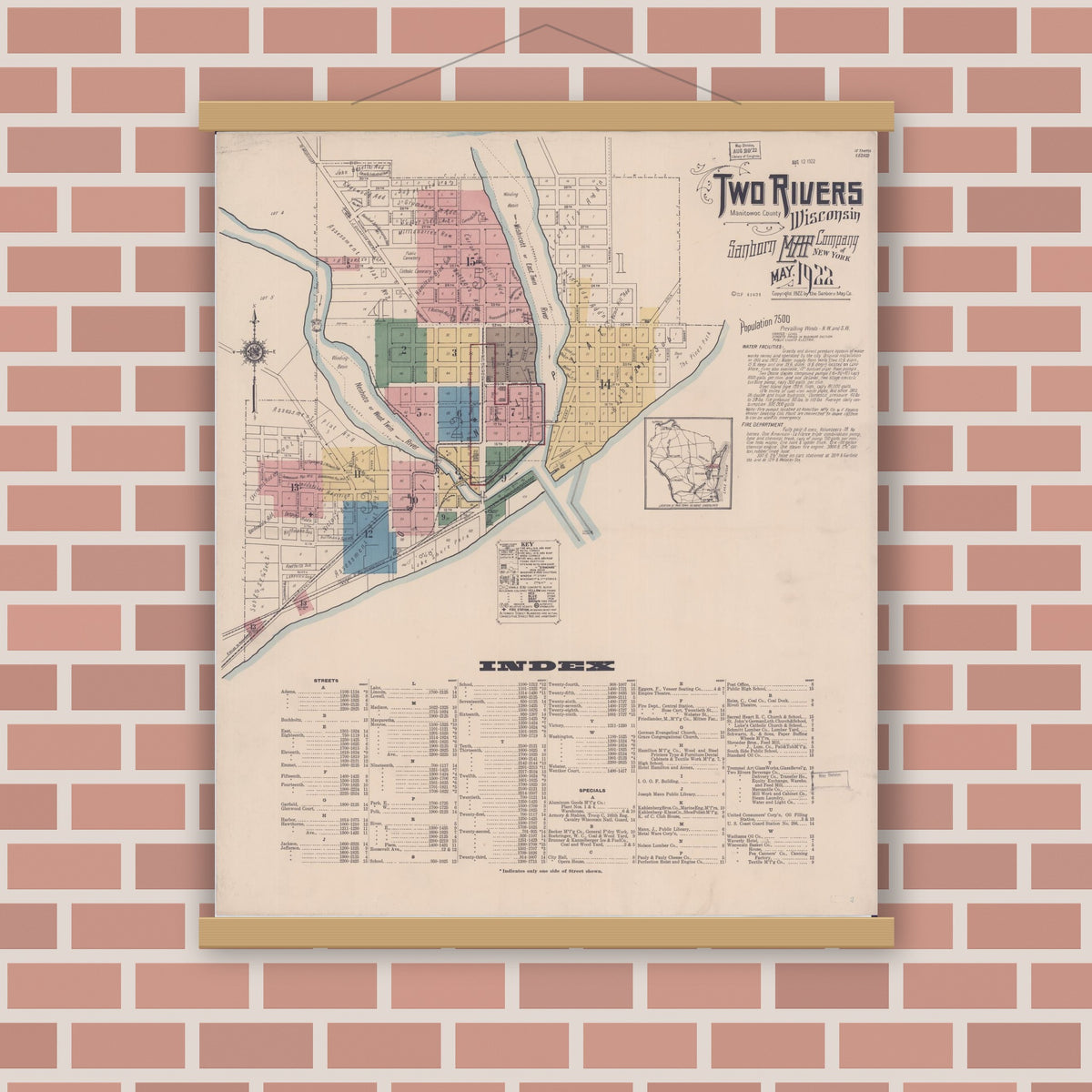 Old map wall art mockup — magnetic wood frame on brick wall — Sanborn Fire Insurance Map from Two Rivers, Manitowoc County, Wisconsin (1922) - Complete Map Set