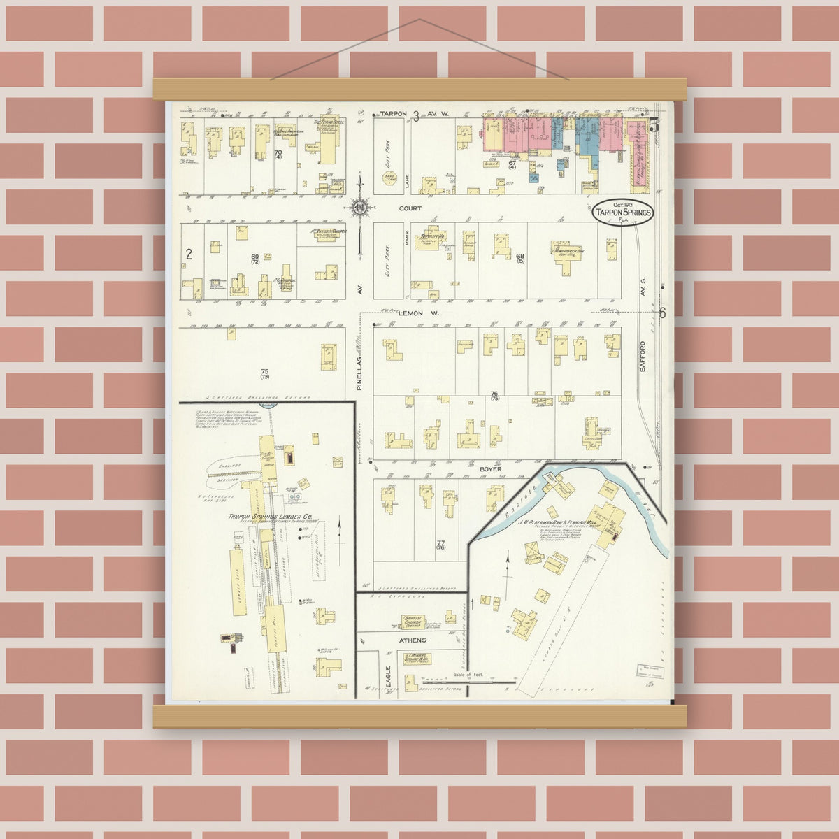 Old map wall art mockup — magnetic wood frame on brick wall — Sanborn Fire Insurance Map from Tarpon Springs, Pinellas County, Florida (1913), Sheet #0005