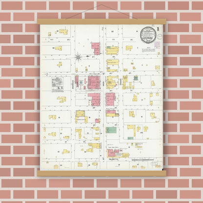 Old map wall art mockup — magnetic wood frame on brick wall — Sanborn Fire Insurance Map from Leesburg, Lake County, Florida (1901), Sheet #0001