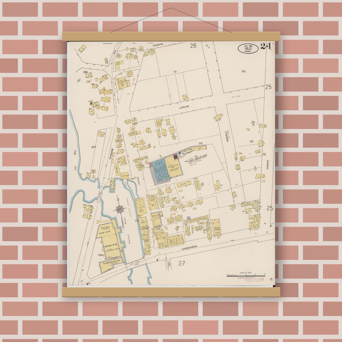 Old map wall art mockup — magnetic wood frame on brick wall — Sanborn Fire Insurance Map from Hilo, Hawaii County, Hawaii (1921), Sheet #0024