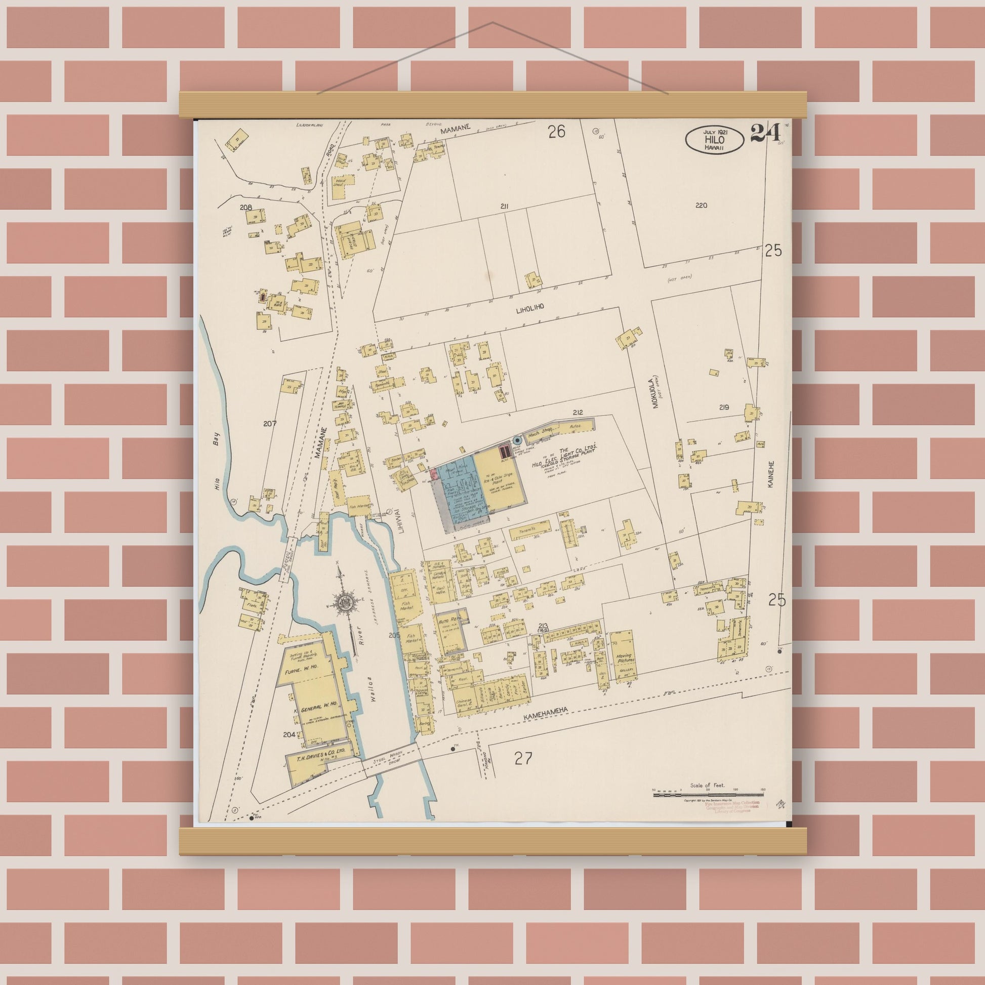 Old map wall art mockup — magnetic wood frame on brick wall — Sanborn Fire Insurance Map from Hilo, Hawaii County, Hawaii (1921), Sheet #0024