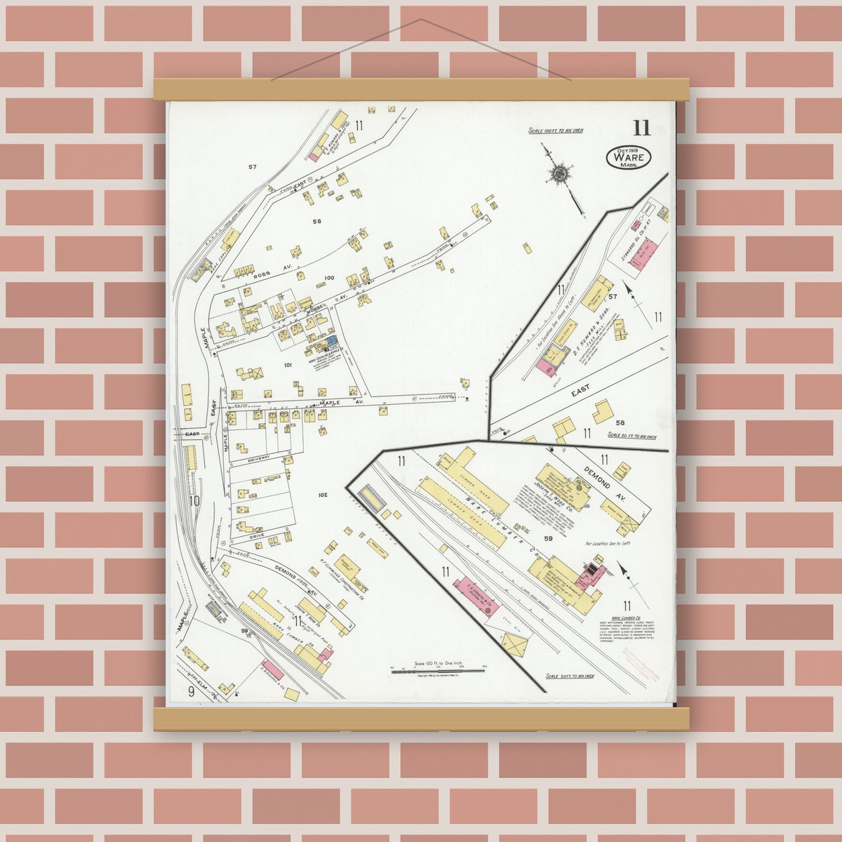 Old map wall art mockup — magnetic wood frame on brick wall — Sanborn Fire Insurance Map from Ware, Hampshire County, Massachusetts (1919), Sheet #0011
