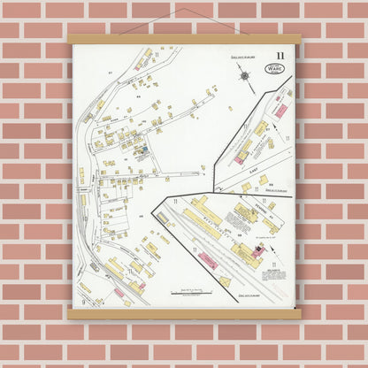 Old map wall art mockup — magnetic wood frame on brick wall — Sanborn Fire Insurance Map from Ware, Hampshire County, Massachusetts (1919), Sheet #0011