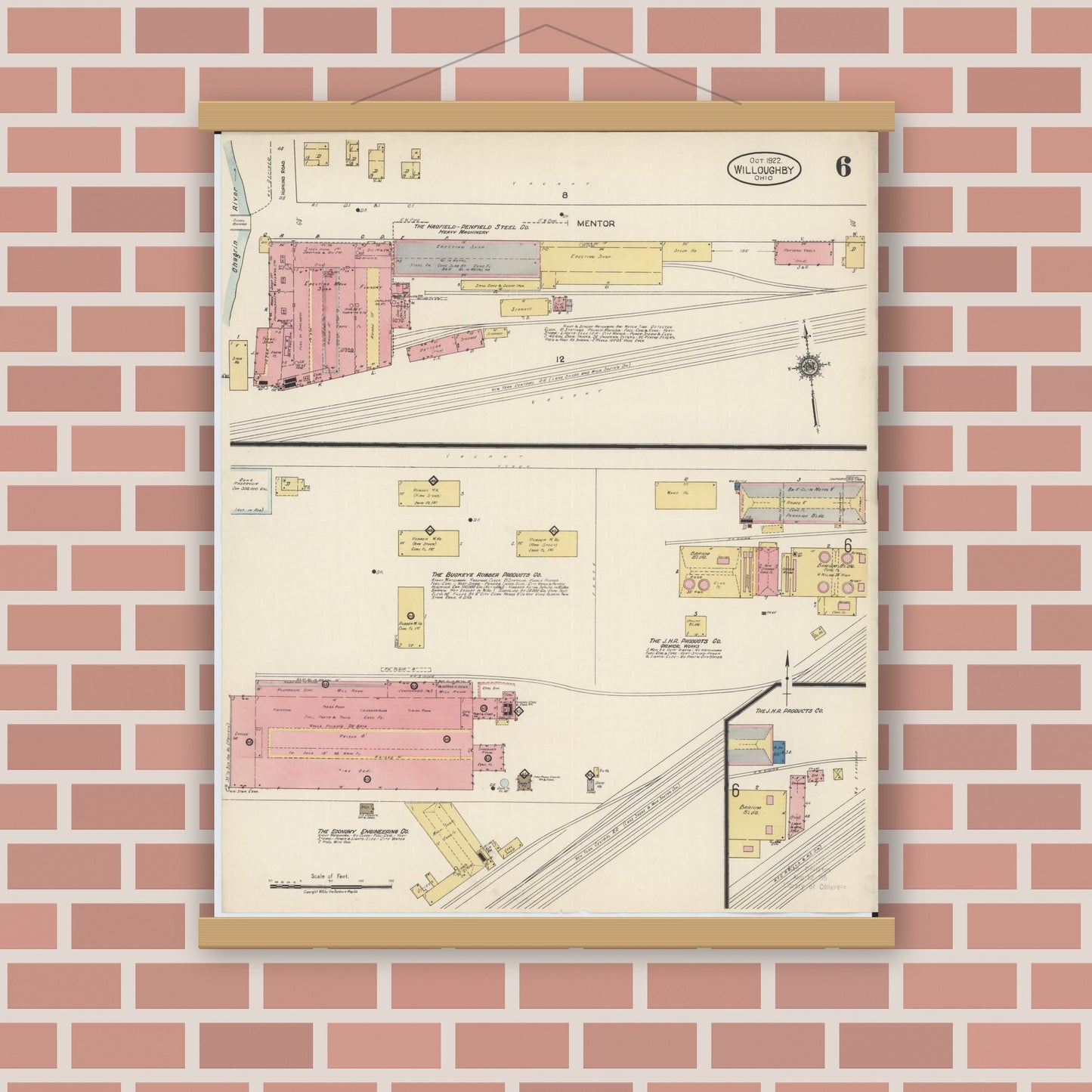 Old map wall art mockup — magnetic wood frame on brick wall — Sanborn Fire Insurance Map from Willoughby, Lake County, Ohio (1922), Sheet #0006