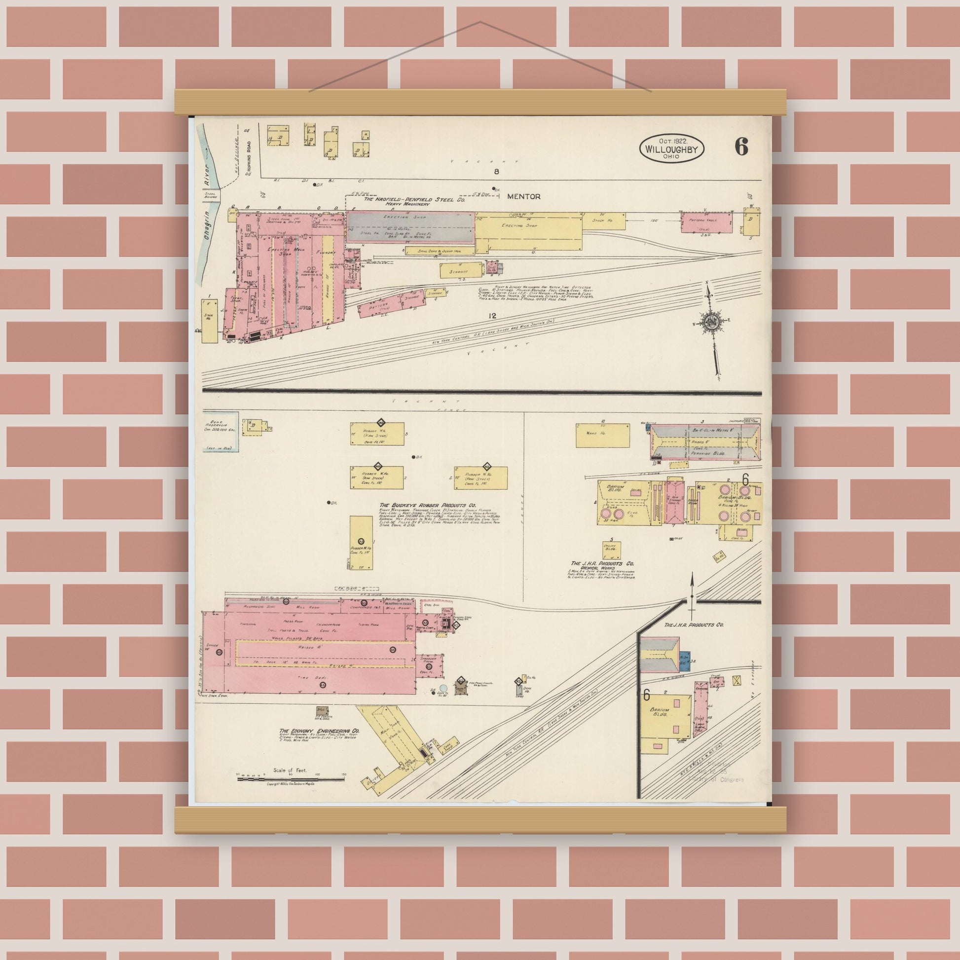 Old map wall art mockup — magnetic wood frame on brick wall — Sanborn Fire Insurance Map from Willoughby, Lake County, Ohio (1922), Sheet #0006