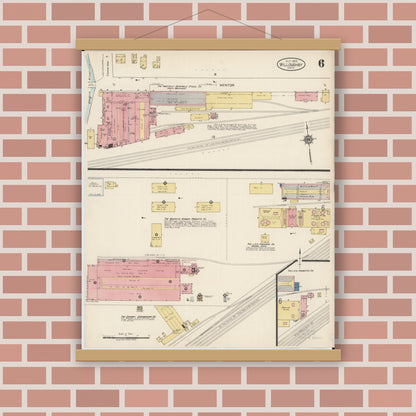 Old map wall art mockup — magnetic wood frame on brick wall — Sanborn Fire Insurance Map from Willoughby, Lake County, Ohio (1922), Sheet #0006