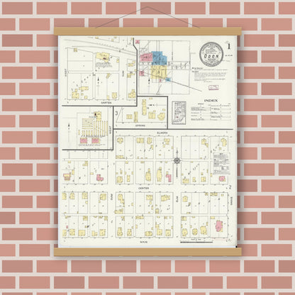 Old map wall art mockup — magnetic wood frame on brick wall — Sanborn Fire Insurance Map from Odon, Daviess County, Indiana (1913) - Complete Map Set