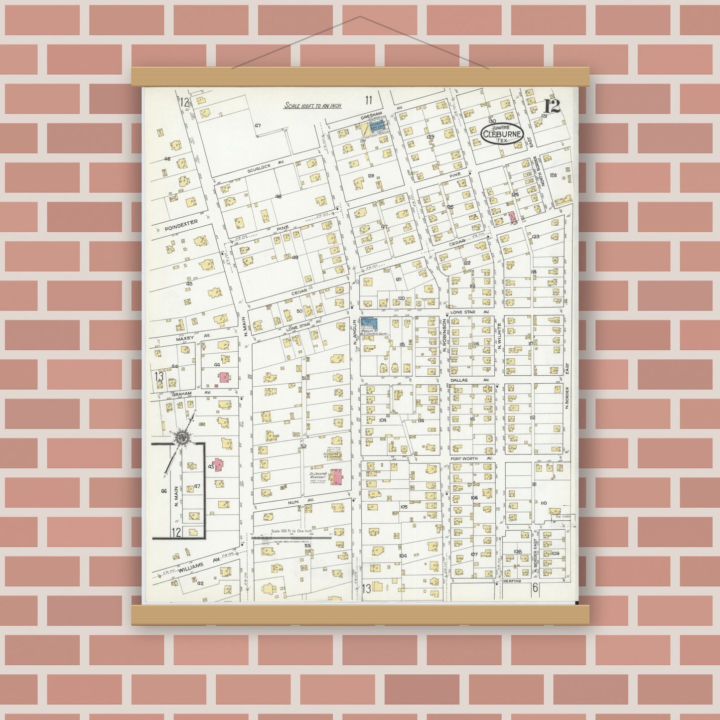 Old map wall art mockup — magnetic wood frame on brick wall — Sanborn Fire Insurance Map from Cleburne, Johnson County, Texas (1918), Sheet #0012