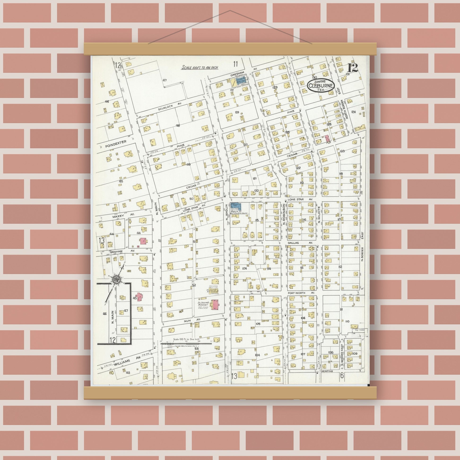 Old map wall art mockup — magnetic wood frame on brick wall — Sanborn Fire Insurance Map from Cleburne, Johnson County, Texas (1918), Sheet #0012