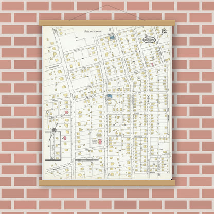 Old map wall art mockup — magnetic wood frame on brick wall — Sanborn Fire Insurance Map from Cleburne, Johnson County, Texas (1918), Sheet #0012