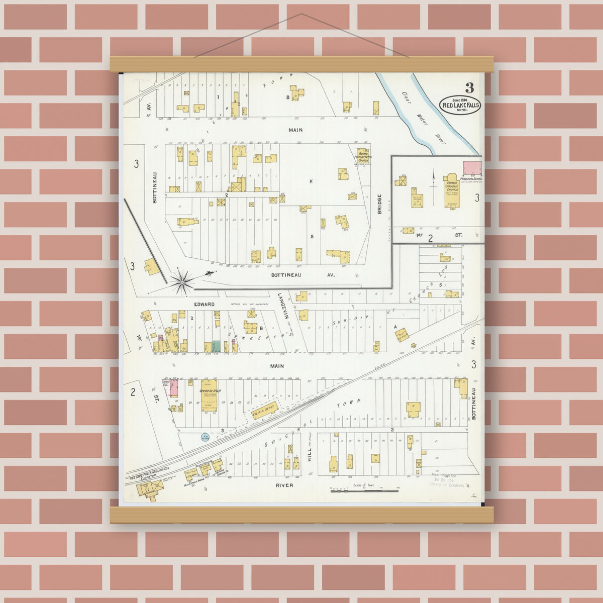 Old map wall art mockup — magnetic wood frame on brick wall — Sanborn Fire Insurance Map from Red Lake Falls, Red Lake County, Minnesota (1904), Sheet #0003