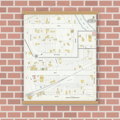 Old map wall art mockup — magnetic wood frame on brick wall — Sanborn Fire Insurance Map from Red Lake Falls, Red Lake County, Minnesota (1904), Sheet #0003