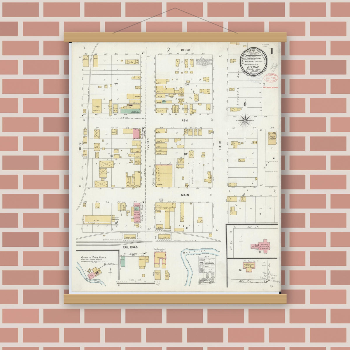 Old map wall art mockup — magnetic wood frame on brick wall — Sanborn Fire Insurance Map from Aitkin, Aitkin County, Minnesota (1898) - Complete Map Set