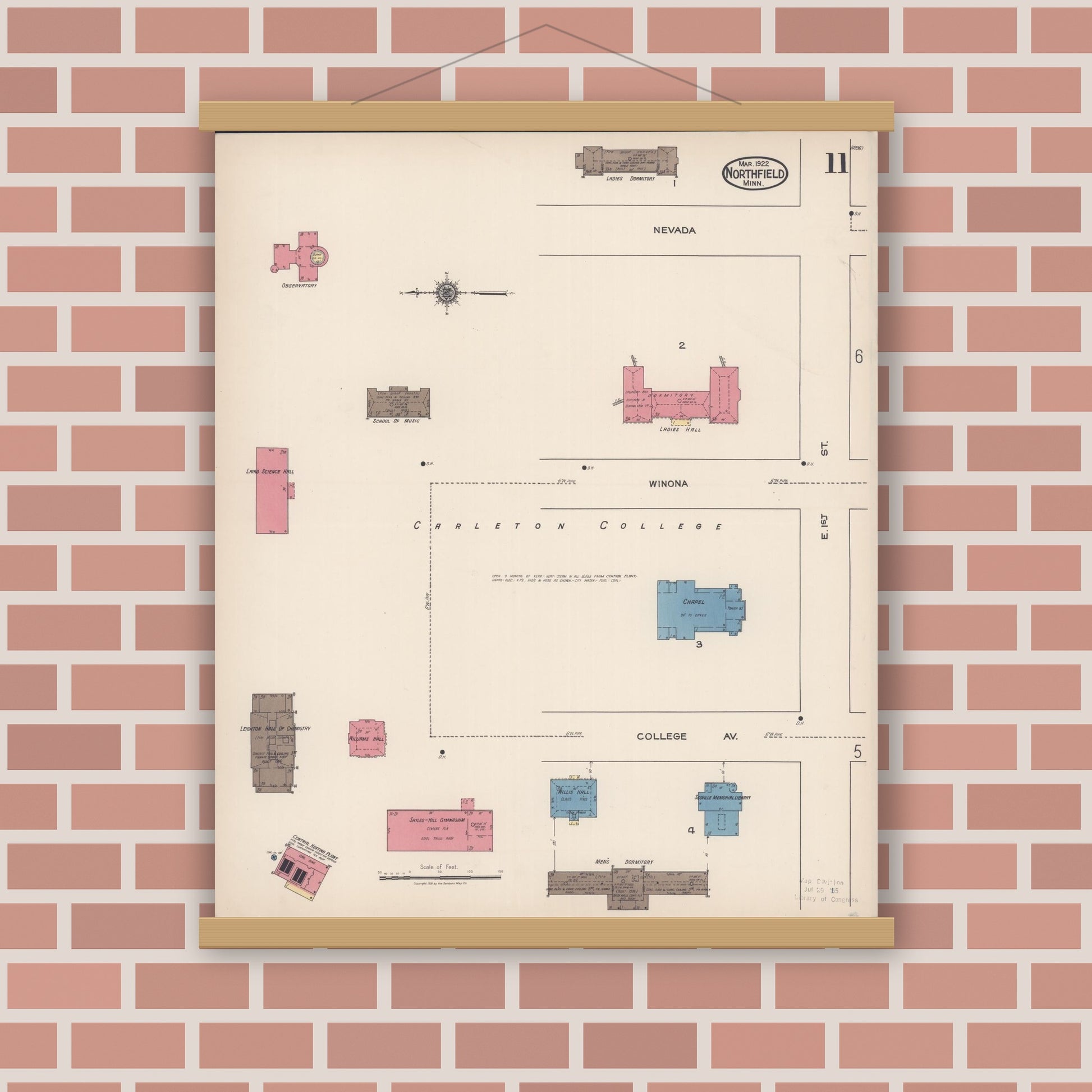 Old map wall art mockup — magnetic wood frame on brick wall — Sanborn Fire Insurance Map from Northfield, Rice County, Minnesota (1922), Sheet #0011