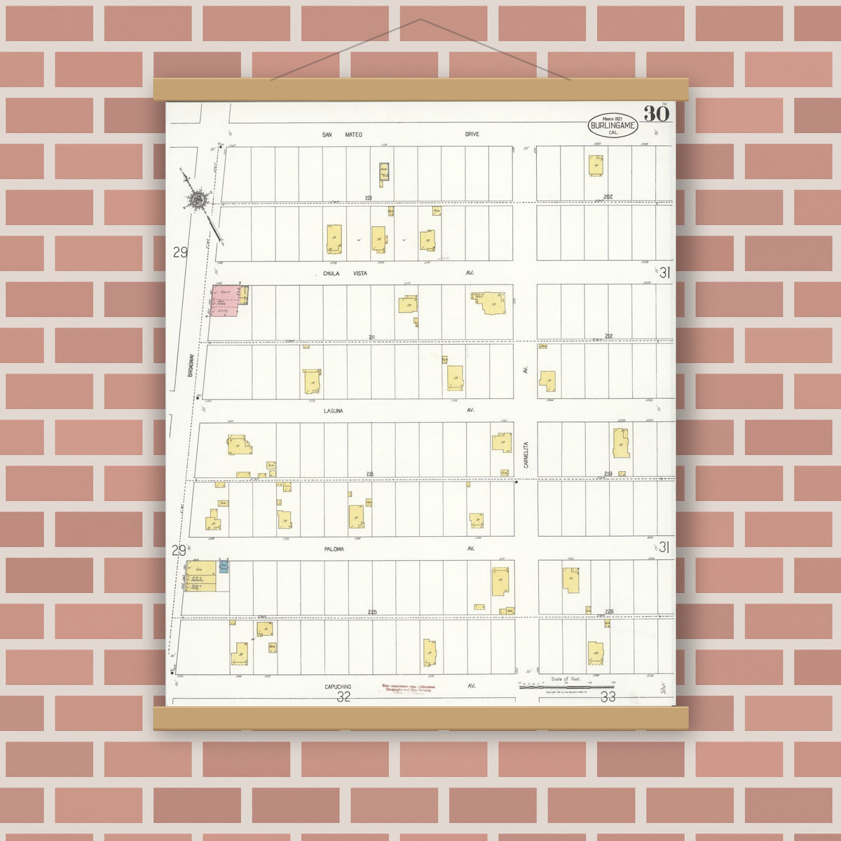 Old map wall art mockup — magnetic wood frame on brick wall — Sanborn Fire Insurance Map from Burlingame, San Mateo County, California (1921), Sheet #0030