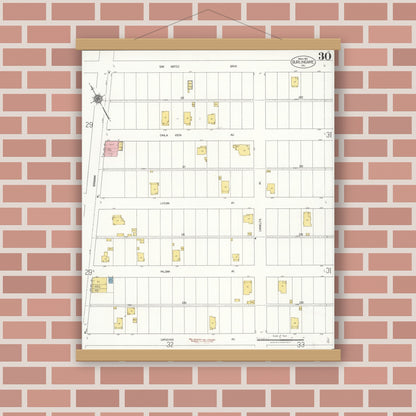 Old map wall art mockup — magnetic wood frame on brick wall — Sanborn Fire Insurance Map from Burlingame, San Mateo County, California (1921), Sheet #0030