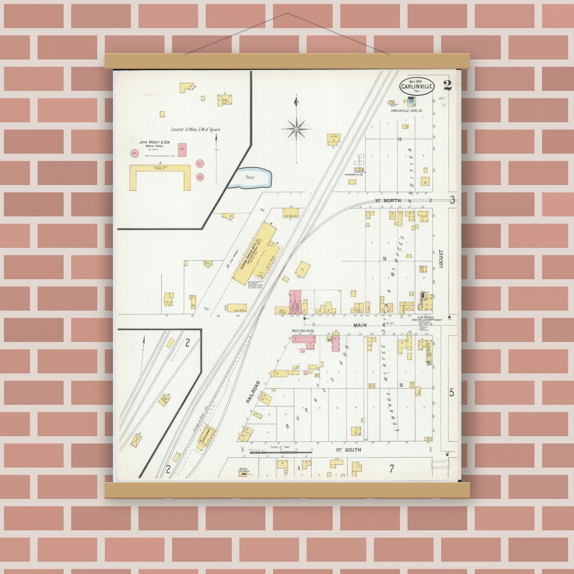 Old map wall art mockup — magnetic wood frame on brick wall — Sanborn Fire Insurance Map from Carlinville, Macoupin County, Illinois (1900), Sheet #0002