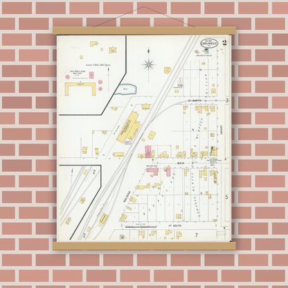 Old map wall art mockup — magnetic wood frame on brick wall — Sanborn Fire Insurance Map from Carlinville, Macoupin County, Illinois (1900), Sheet #0002