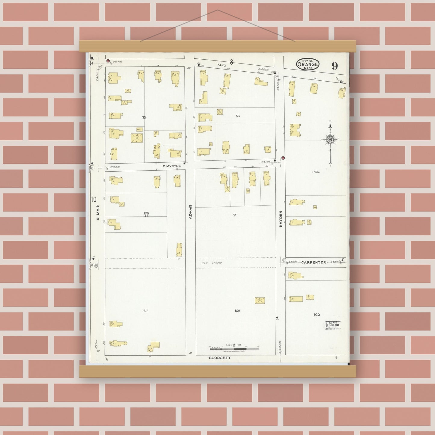 Old map wall art mockup — magnetic wood frame on brick wall — Sanborn Fire Insurance Map from Orange, Franklin County, Massachusetts (1917), Sheet #0009