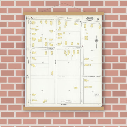 Old map wall art mockup — magnetic wood frame on brick wall — Sanborn Fire Insurance Map from Orange, Franklin County, Massachusetts (1917), Sheet #0009