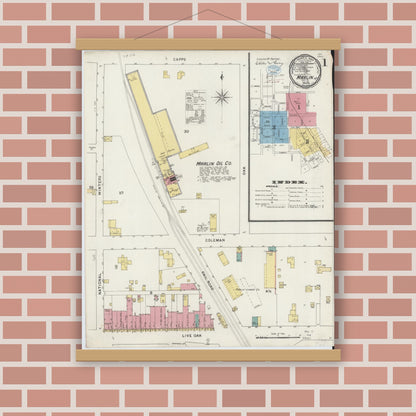 Old map wall art mockup — magnetic wood frame on brick wall — Sanborn Fire Insurance Map from Marlin, Falls County, Texas (1894) - Complete Map Set