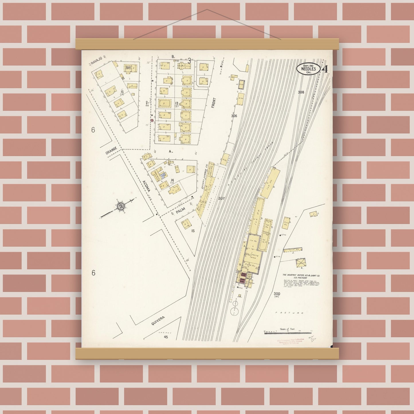 Old map wall art mockup — magnetic wood frame on brick wall — Sanborn Fire Insurance Map from Needles, San Bernardino County, California (1910), Sheet #0004
