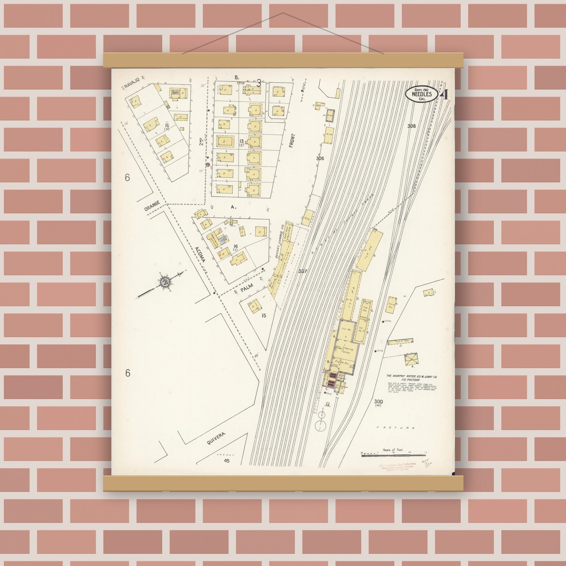 Old map wall art mockup — magnetic wood frame on brick wall — Sanborn Fire Insurance Map from Needles, San Bernardino County, California (1910), Sheet #0004