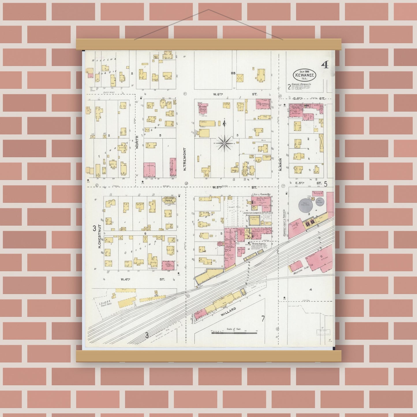 Old map wall art mockup — magnetic wood frame on brick wall — Sanborn Fire Insurance Map from Kewanee, Henry County, Illinois (1905), Sheet #0004