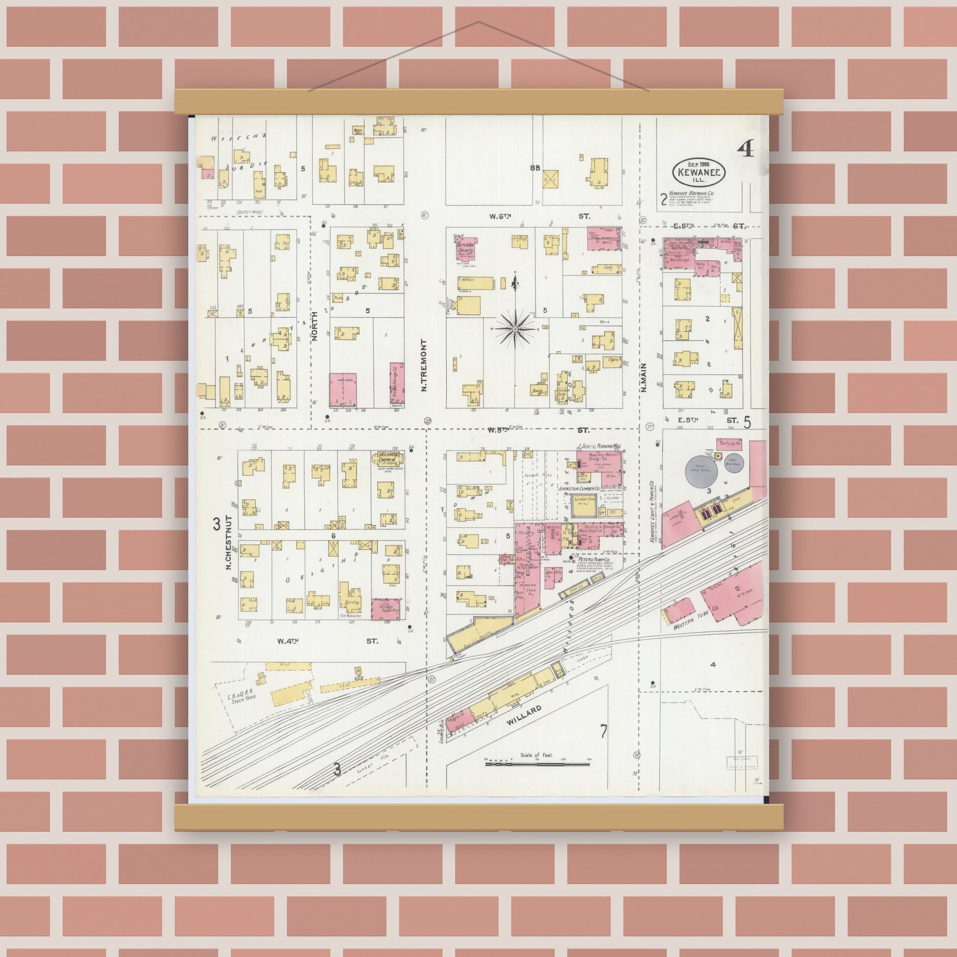 Old map wall art mockup — magnetic wood frame on brick wall — Sanborn Fire Insurance Map from Kewanee, Henry County, Illinois (1905), Sheet #0004
