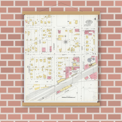 Old map wall art mockup — magnetic wood frame on brick wall — Sanborn Fire Insurance Map from Kewanee, Henry County, Illinois (1905), Sheet #0004