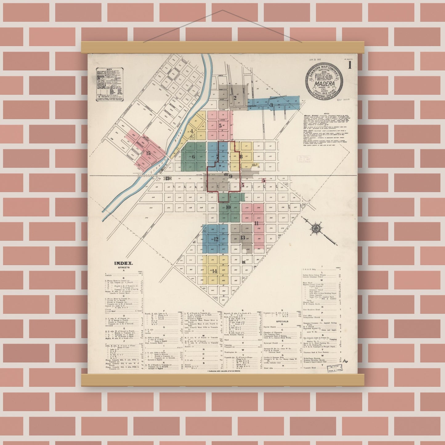 Old map wall art mockup — magnetic wood frame on brick wall — Sanborn Fire Insurance Map from Madera, Madera County, California (1912) - Complete Map Set