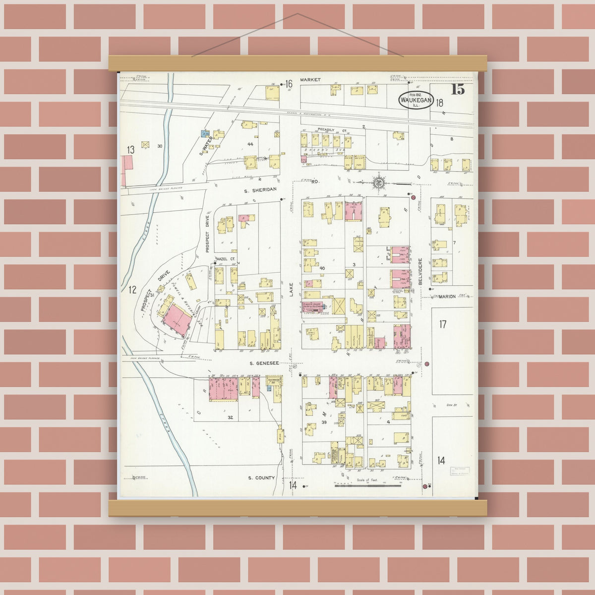 Old map wall art mockup — magnetic wood frame on brick wall — Sanborn Fire Insurance Map from Waukegan, Lake County, Illinois (1912), Sheet #0015