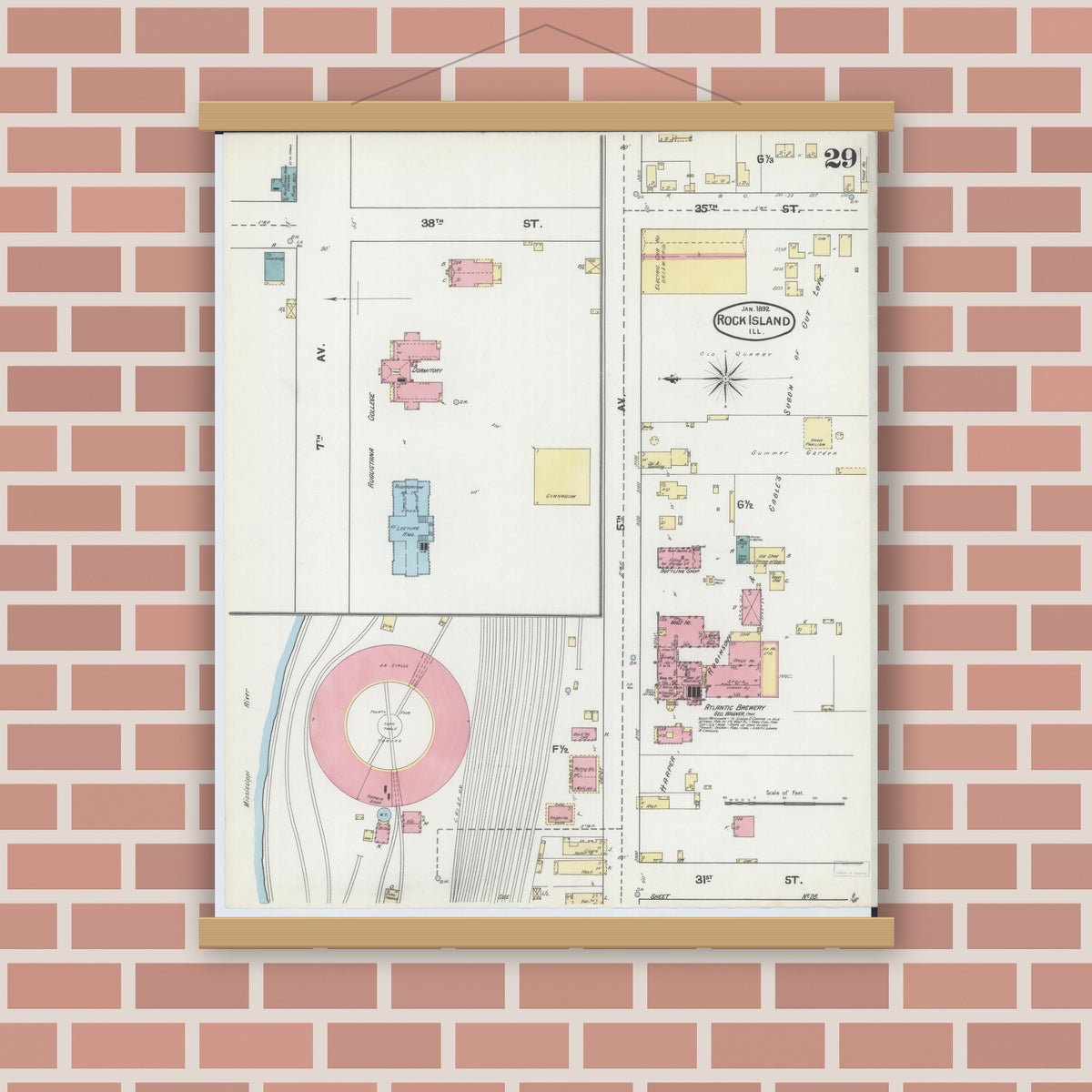 Old map wall art mockup — magnetic wood frame on brick wall — Sanborn Fire Insurance Map from Rock Island, Rock Island County, Illinois (1892), Sheet #0029
