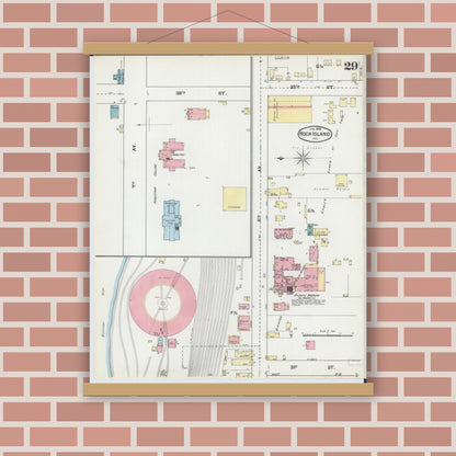 Old map wall art mockup — magnetic wood frame on brick wall — Sanborn Fire Insurance Map from Rock Island, Rock Island County, Illinois (1892), Sheet #0029