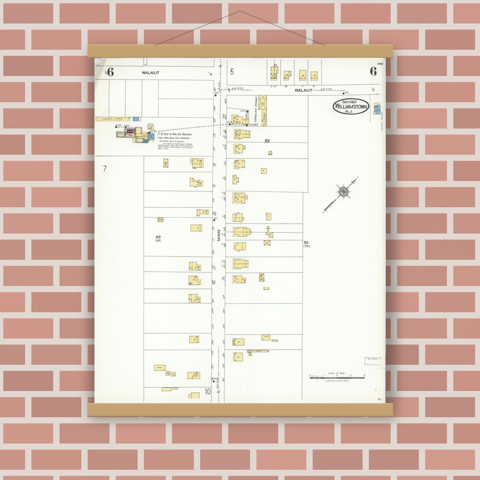 Old map wall art mockup — magnetic wood frame on brick wall — Sanborn Fire Insurance Map from Williamstown, Gloucester County, New Jersey (1923), Sheet #0006