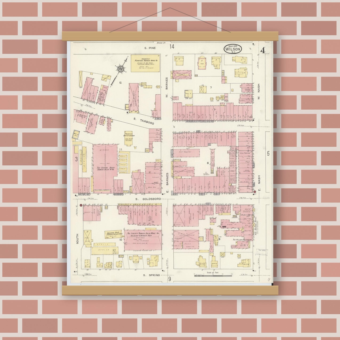 Old map wall art mockup — magnetic wood frame on brick wall — Sanborn Fire Insurance Map from Wilson, Wilson County, North Carolina (1913), Sheet #0004