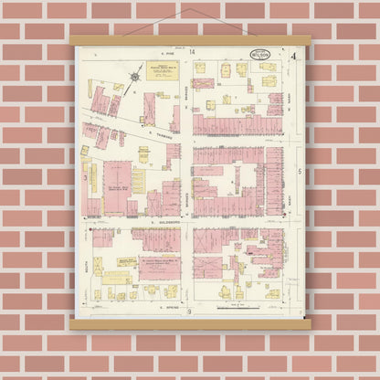 Old map wall art mockup — magnetic wood frame on brick wall — Sanborn Fire Insurance Map from Wilson, Wilson County, North Carolina (1913), Sheet #0004