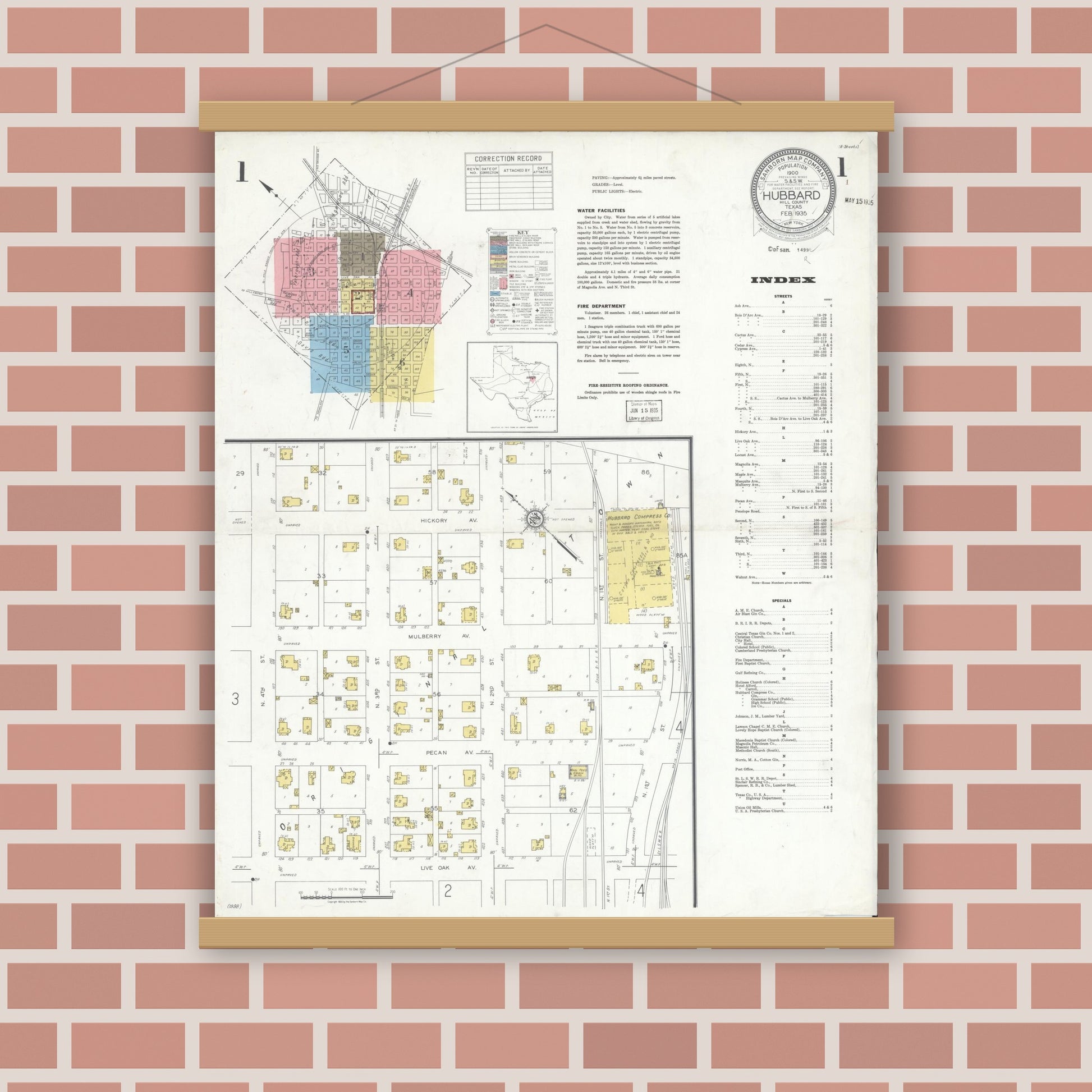Old map wall art mockup — magnetic wood frame on brick wall — Sanborn Fire Insurance Map from Hubbard, Hill County, Texas (1935), Sheet #0001