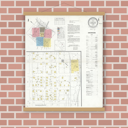 Old map wall art mockup — magnetic wood frame on brick wall — Sanborn Fire Insurance Map from Hubbard, Hill County, Texas (1935), Sheet #0001