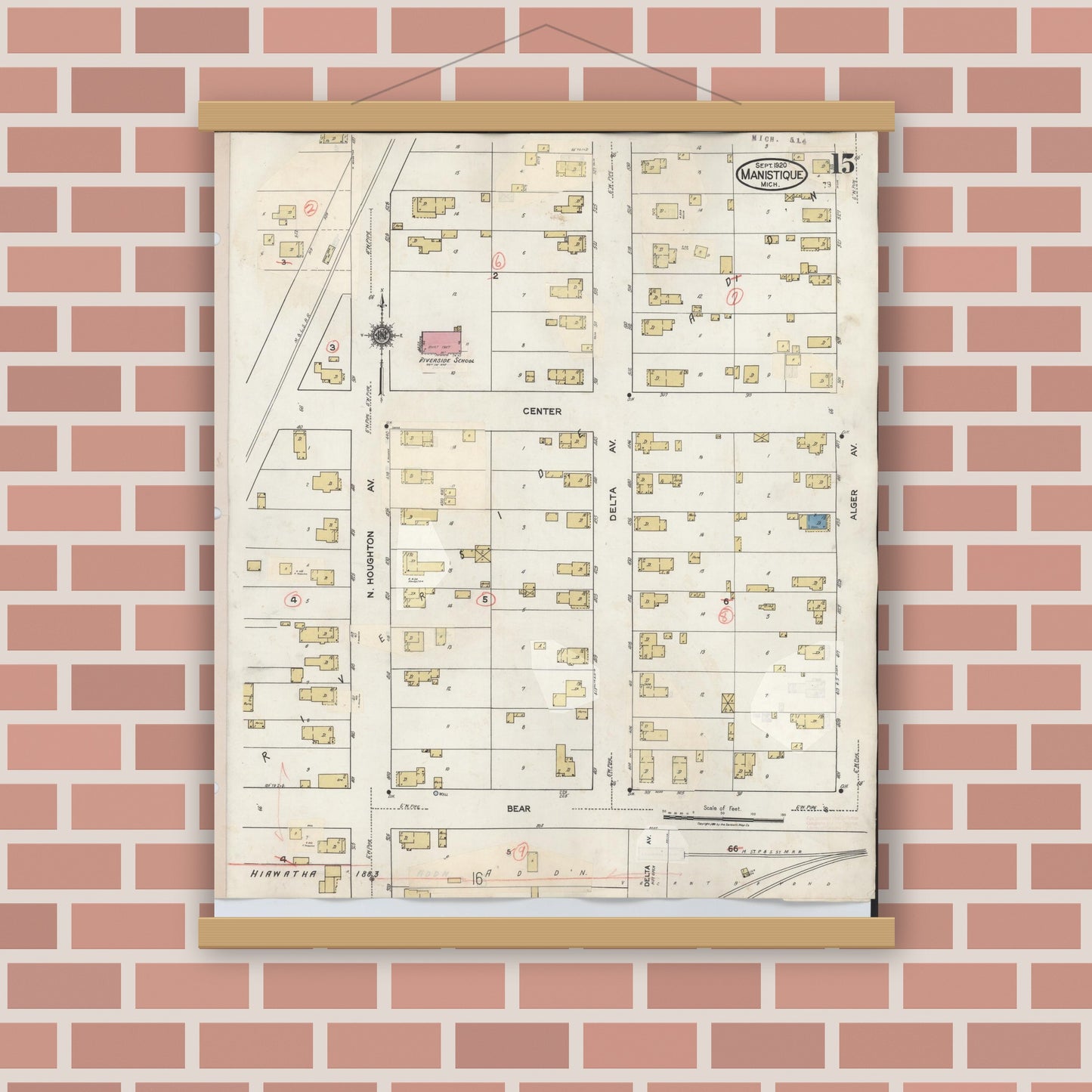 Old map wall art mockup — magnetic wood frame on brick wall — Sanborn Fire Insurance Map from Manistique, Schoolcraft County, Michigan (1950), Sheet #0015