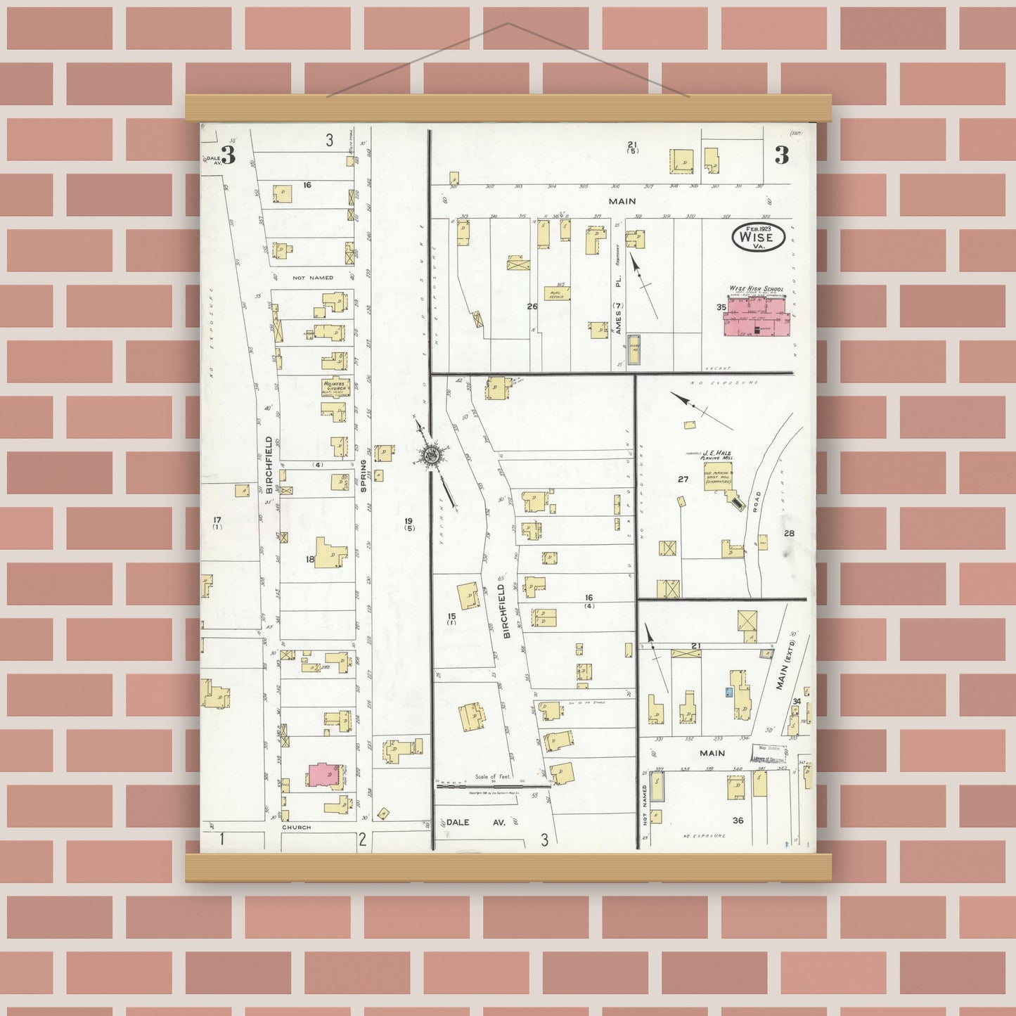 Old map wall art mockup — magnetic wood frame on brick wall — Sanborn Fire Insurance Map from Wise, Wise County, Virginia (1923), Sheet #0003