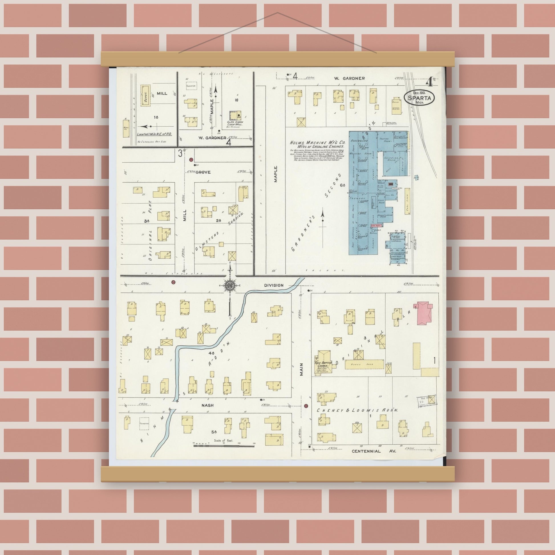 Old map wall art mockup — magnetic wood frame on brick wall — Sanborn Fire Insurance Map from Sparta, Kent County, Michigan (1910), Sheet #0004