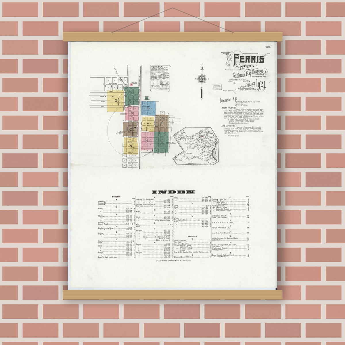 Old map wall art mockup — magnetic wood frame on brick wall — Sanborn Fire Insurance Map from Ferris, Ellis County, Texas (1921) - Complete Map Set