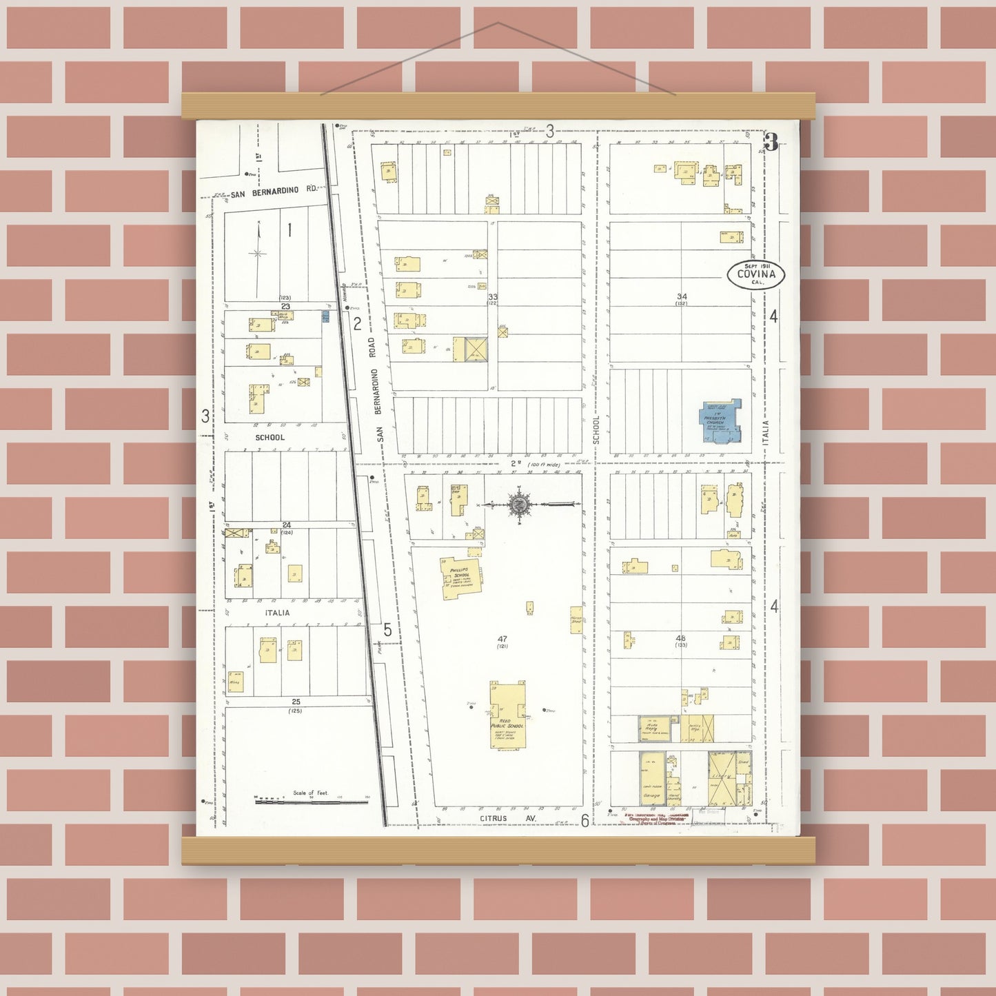 Old map wall art mockup — magnetic wood frame on brick wall — Sanborn Fire Insurance Map from Covina, Los Angeles County, California (1911), Sheet #0003