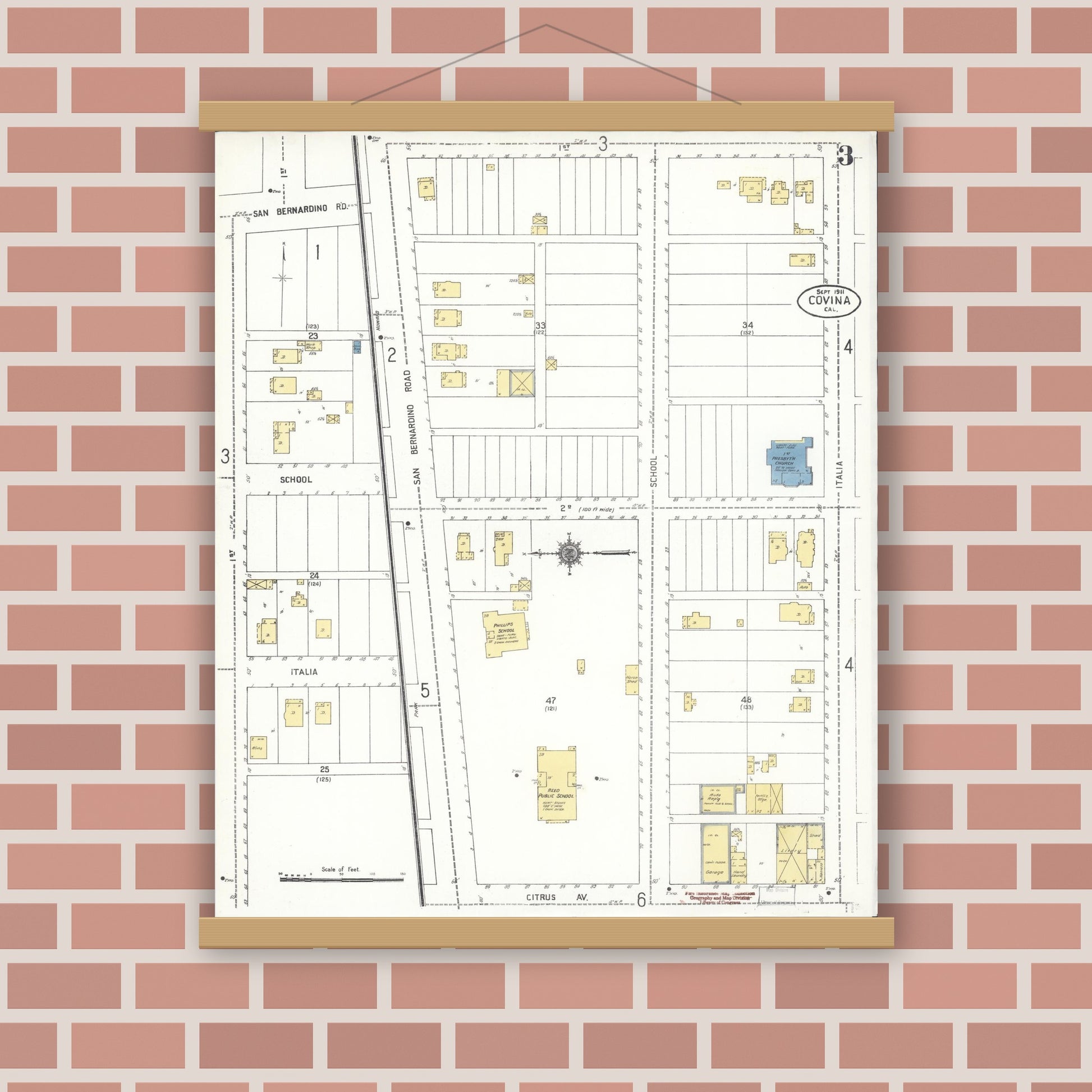 Old map wall art mockup — magnetic wood frame on brick wall — Sanborn Fire Insurance Map from Covina, Los Angeles County, California (1911), Sheet #0003