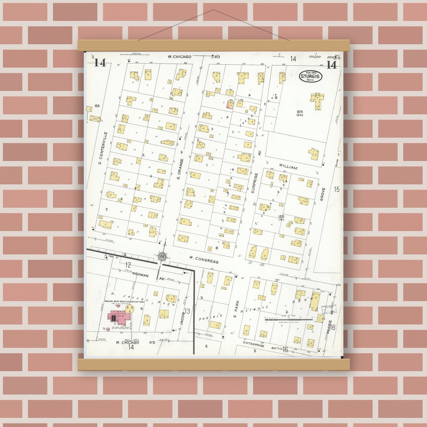 Old map wall art mockup — magnetic wood frame on brick wall — Sanborn Fire Insurance Map from Sturgis, Saint Joseph County, Michigan (1923), Sheet #0014